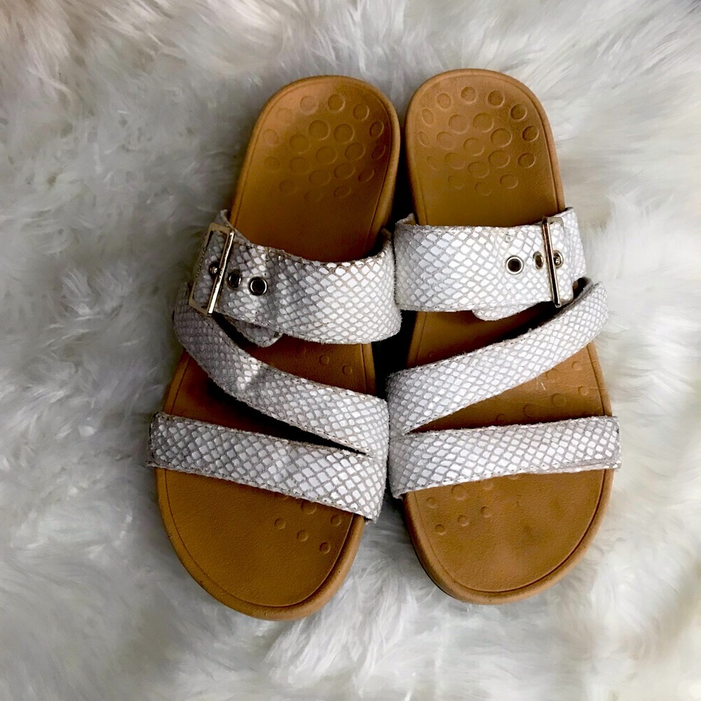 Vionic Rio White Snake Print Slide Sandals Gold Buckle Size 8